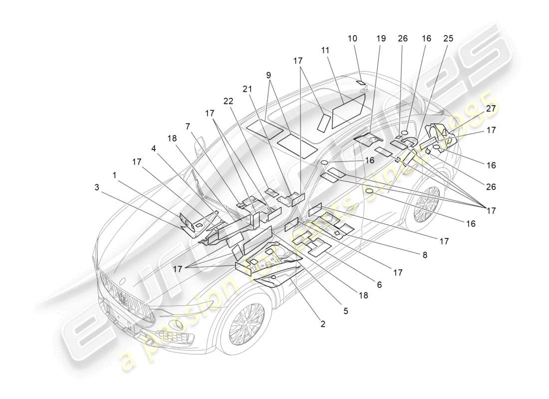 maserati levante (2019) sound-proofing panels inside the vehicle parts diagram