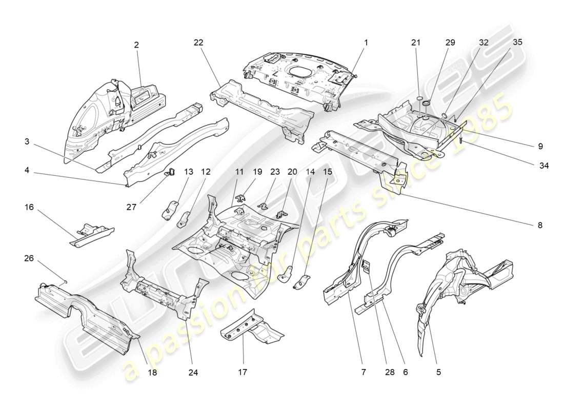 maserati ghibli (2017) rear structural frames and sheet panels parts diagram