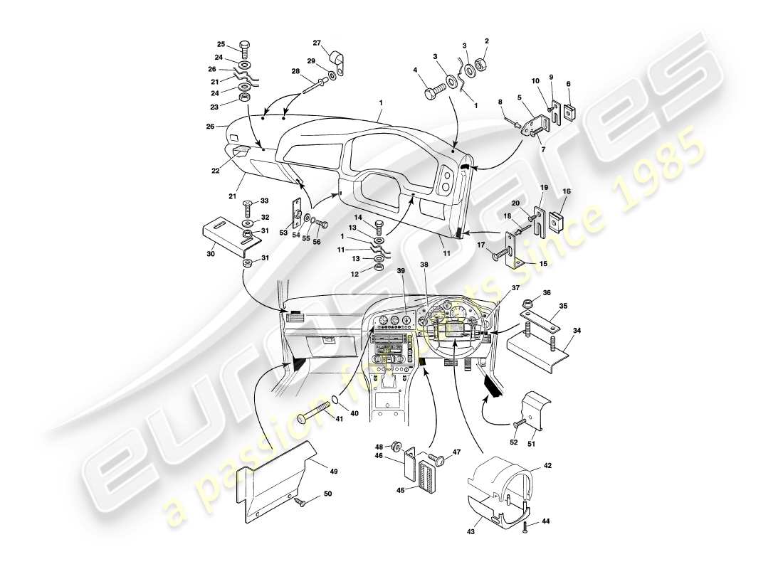 aston martin v8 coupe (1999) fascia & trim part diagram