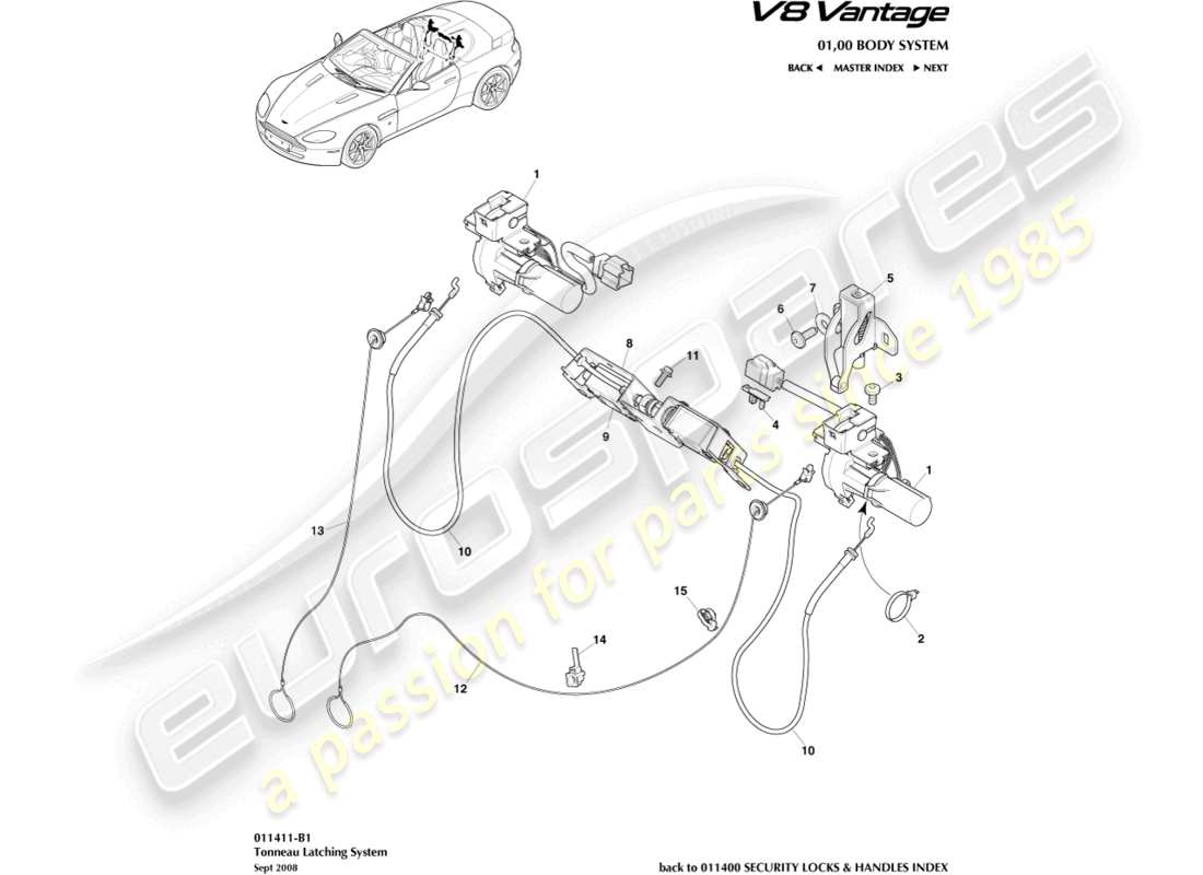 aston martin v8 vantage (2011) tonneau latching system part diagram