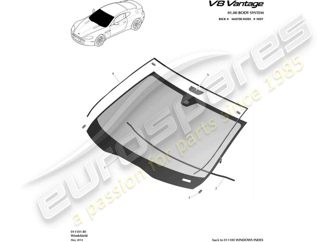 aston martin v8 vantage (2011) windshield part diagram