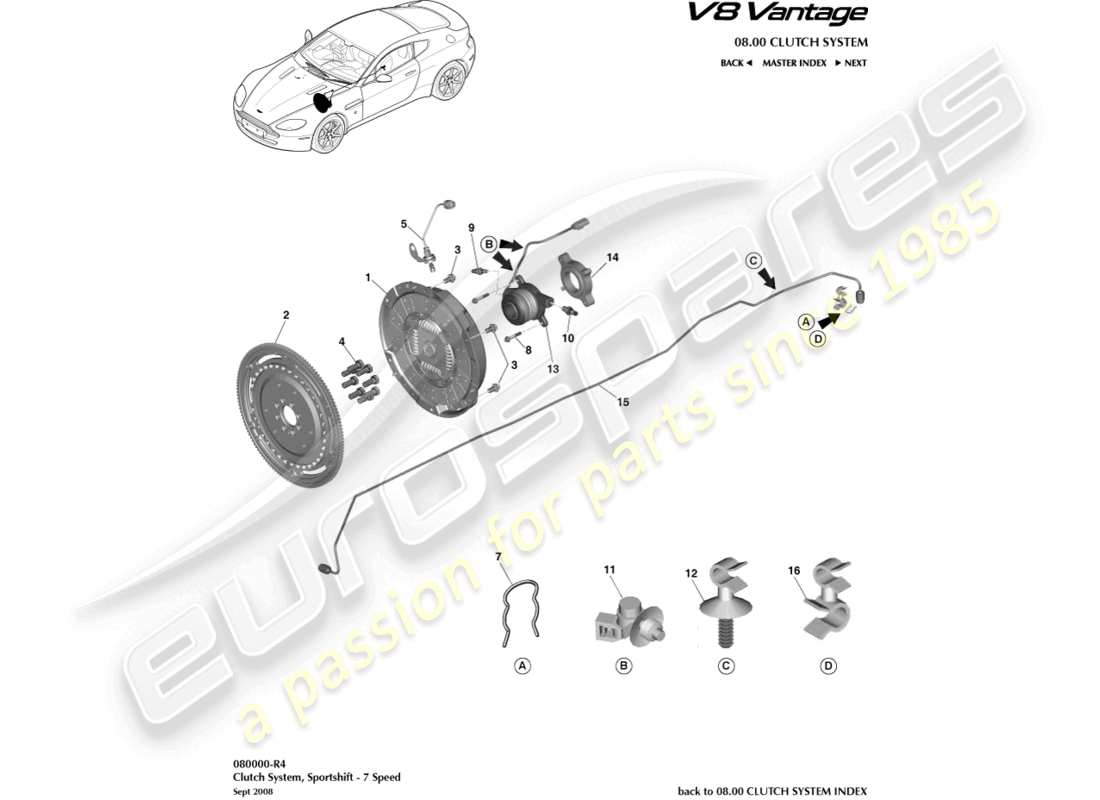 aston martin v8 vantage (2010) clutch system, sportshift 7 spd part diagram