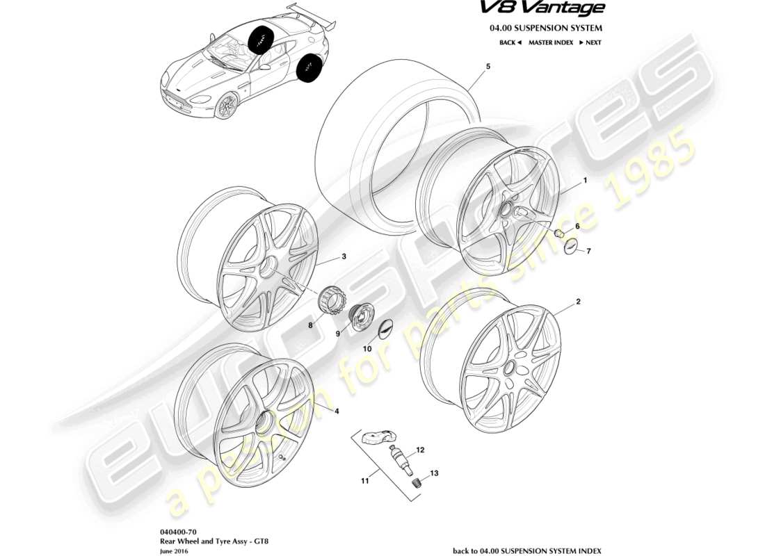 aston martin v8 vantage (2010) rear wheels & tyres, gt8 part diagram