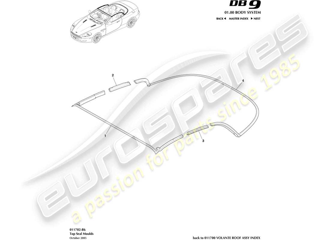 aston martin db9 (2008) top seal moulding part diagram