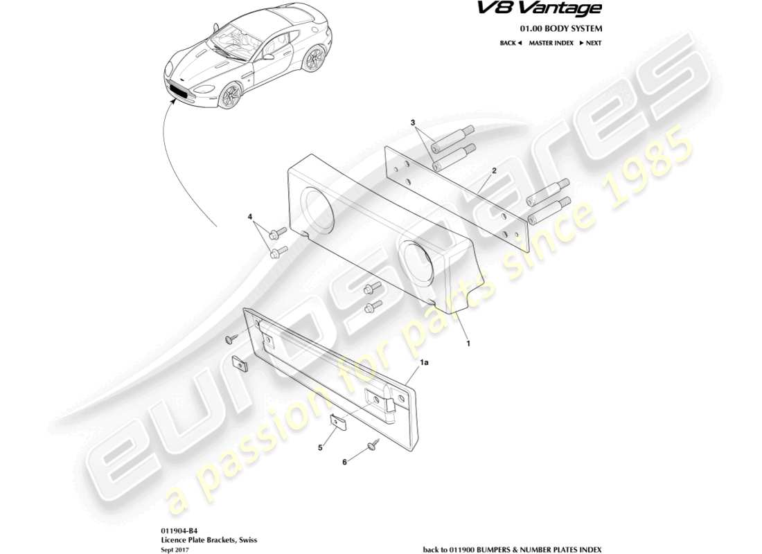 aston martin v8 vantage (2016) license plate brackets, swiss part diagram