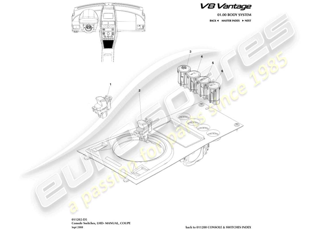 aston martin v8 vantage (2009) console switches, coupe, lhd part diagram