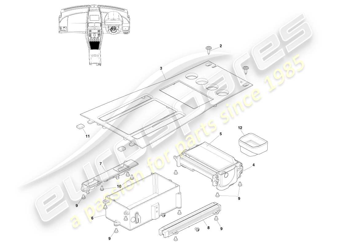 aston martin v8 vantage (2005) front console, asm, to 16my part diagram