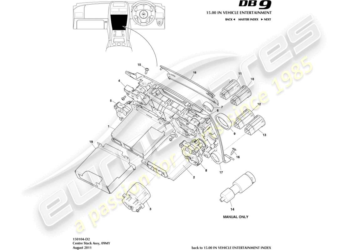 aston martin db9 (2007) centre stack, 09my part diagram