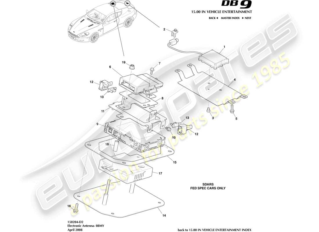 aston martin db9 (2007) electronic antenna, 08my parts diagram