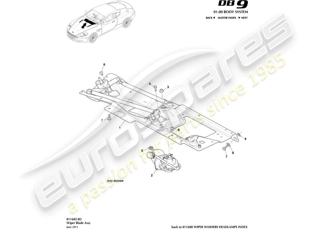 aston martin db9 (2011) wiper linkage assembly part diagram