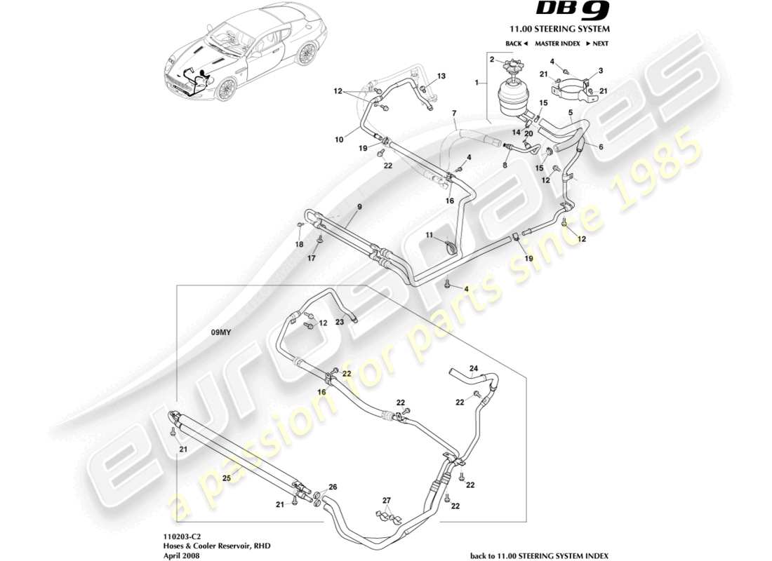 aston martin db9 (2008) cooler, hoses & reservoir, rhd part diagram