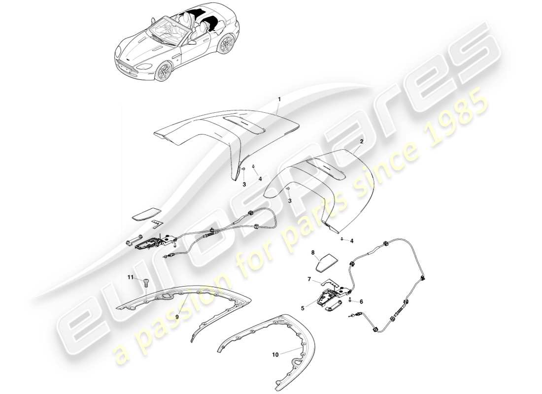 aston martin v8 vantage (2005) roof opening trim part diagram