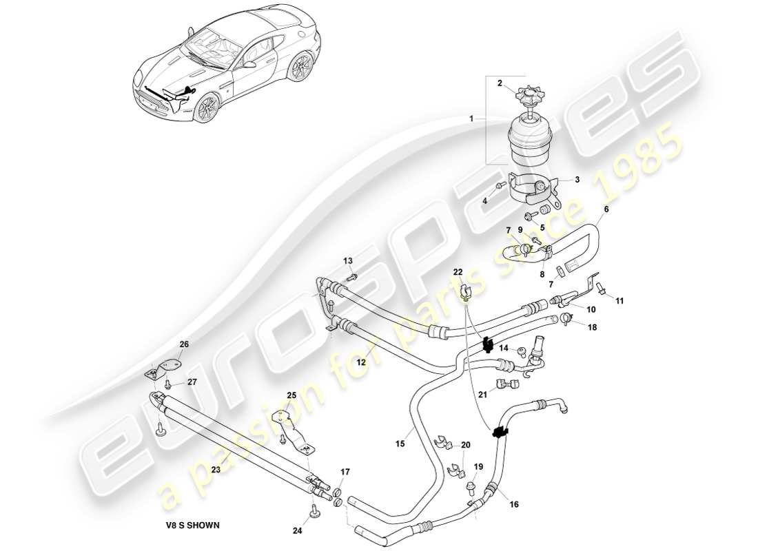 aston martin v8 vantage (2005) cooler, hoses & reservoir, lhd part diagram