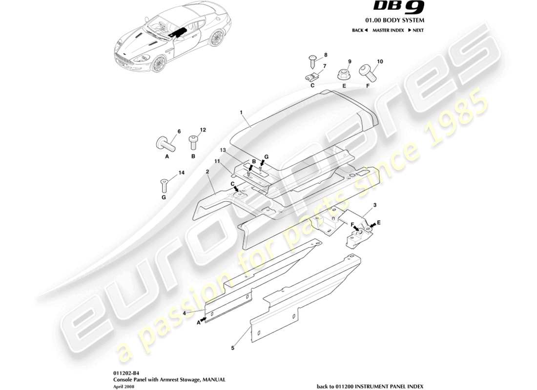 aston martin db9 (2007) centre console, manual parts diagram