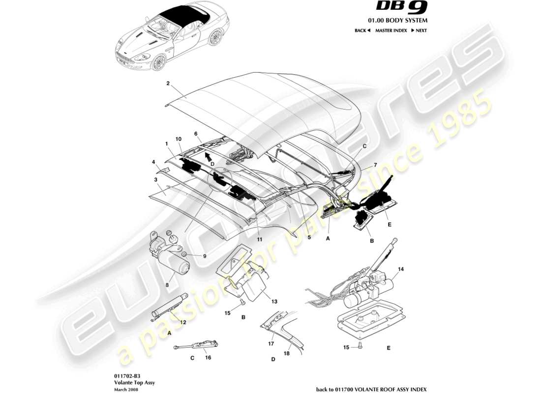 aston martin db9 (2004) volante roof assembly parts diagram