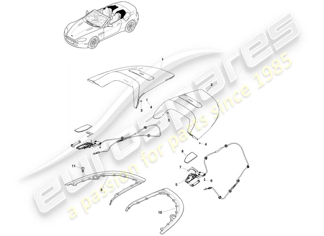 aston martin v8 vantage (2007) roof opening trim part diagram