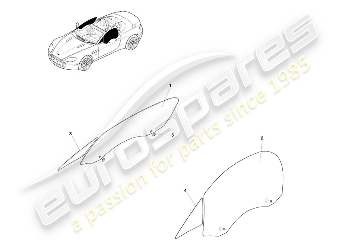 aston martin v8 vantage (2007) door glass, roadster part diagram