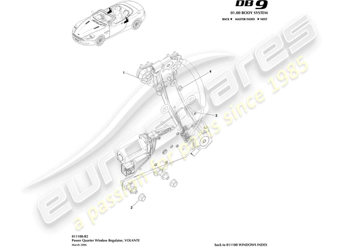 aston martin db9 (2008) rear quarter regulators, volante part diagram