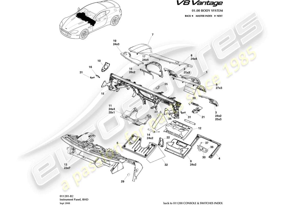 aston martin v8 vantage (2016) instrument panel, rhd part diagram