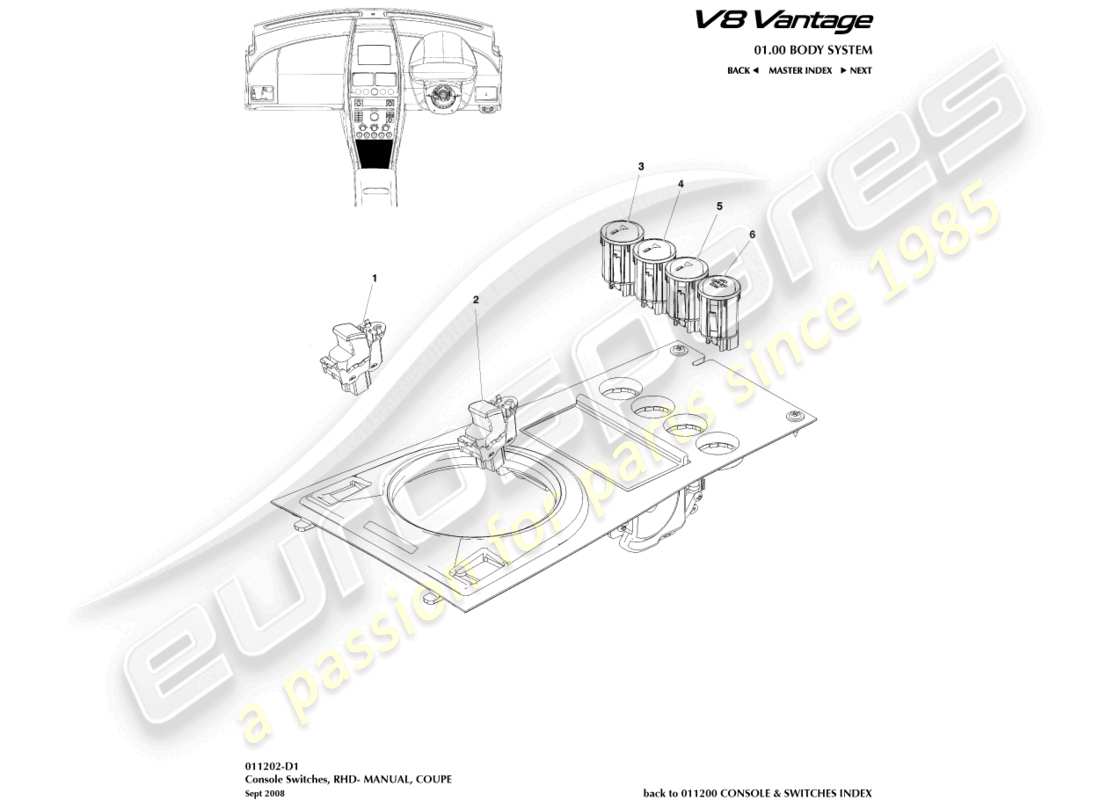 aston martin v8 vantage (2016) console switches, coupe, rhd part diagram