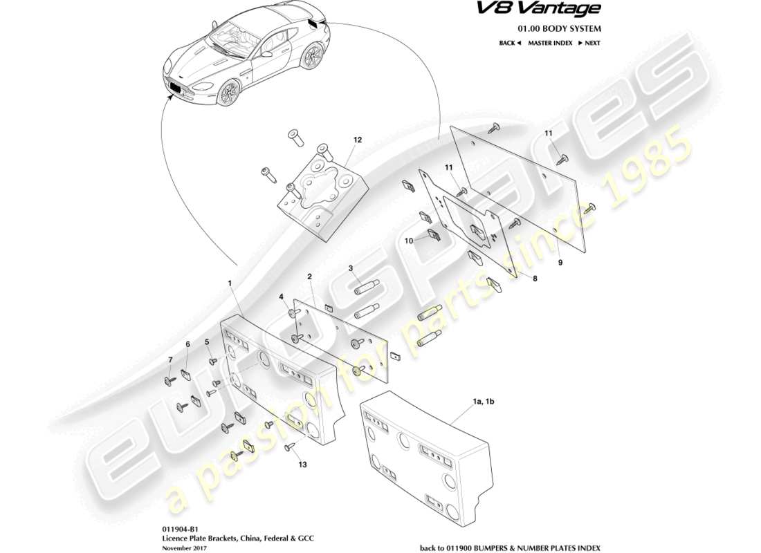 aston martin v8 vantage (2014) license plate brackets, chine, fed, gcc part diagram