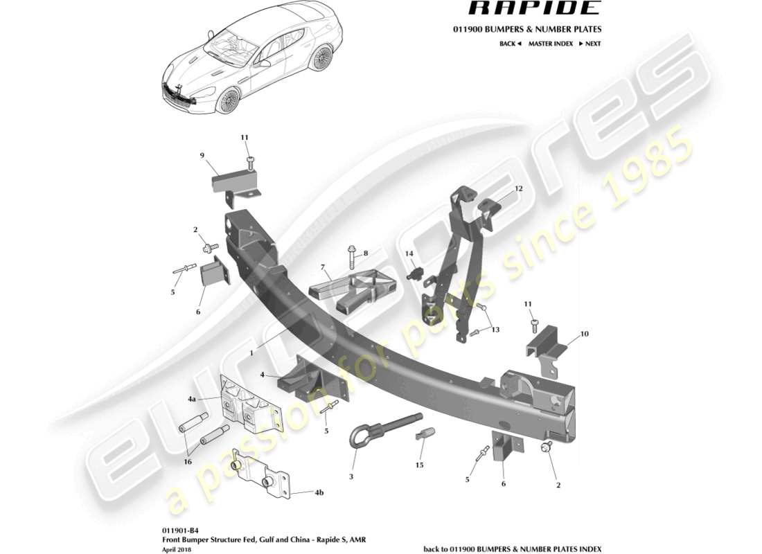 aston martin rapide (2011) front bumper structrue, s fed, gcc, china part diagram