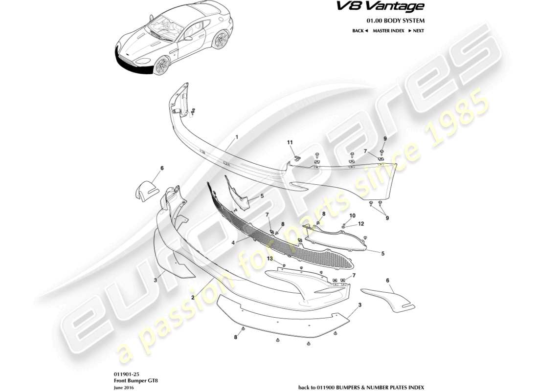 aston martin v8 vantage (2008) front bumper, gt8 part diagram