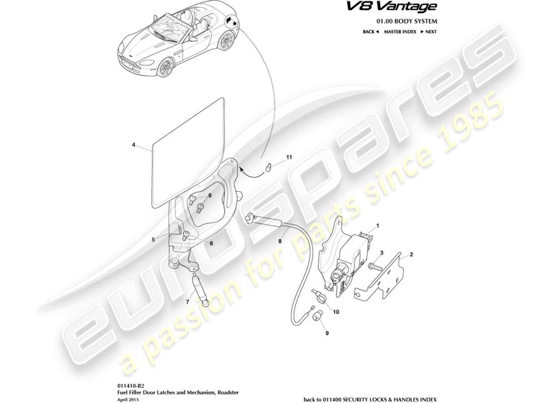 aston martin v8 vantage (2014) fuel filler mechanism, roadster part diagram