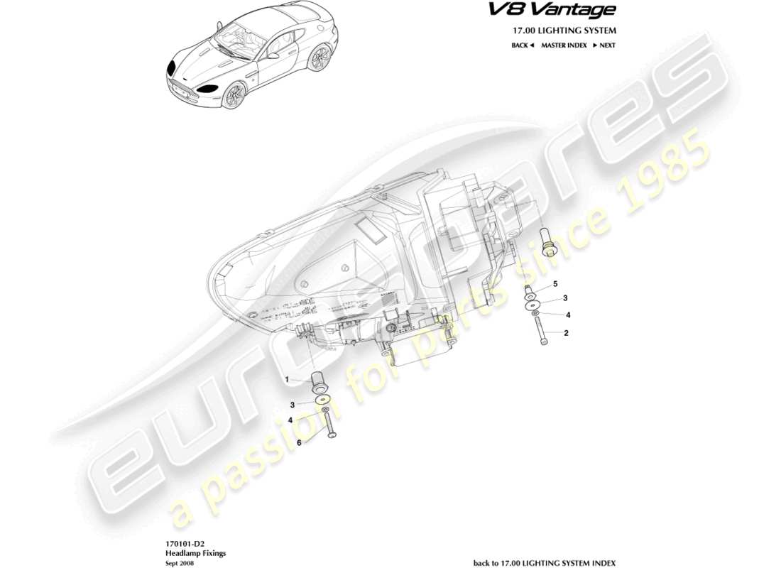 aston martin v8 vantage (2006) headlamp fixings part diagram