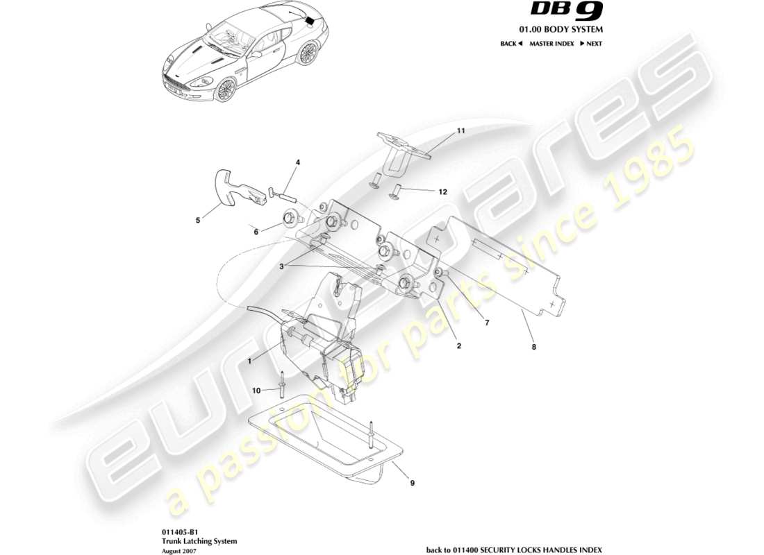 aston martin db9 (2006) trunk latch system parts diagram