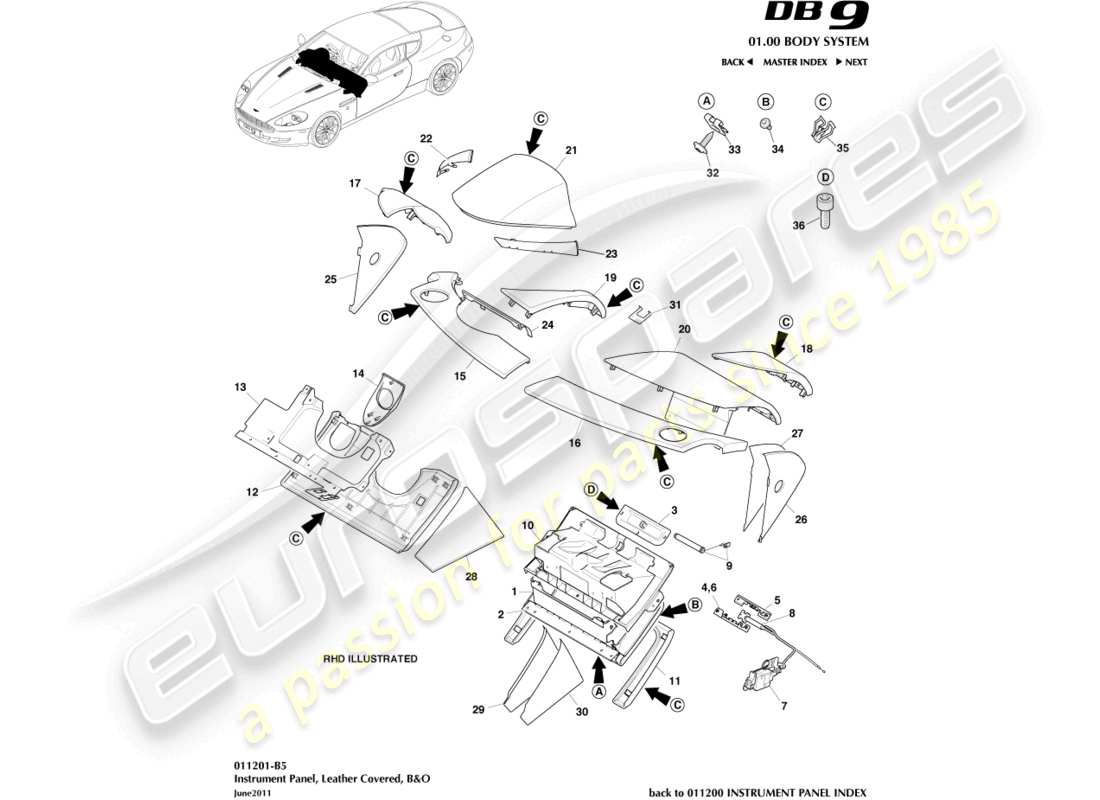 aston martin db9 (2011) instrument panel, leather, b&o part diagram