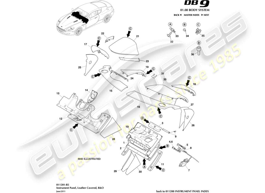 aston martin db9 (2007) instrument panel, leather, b&o parts diagram