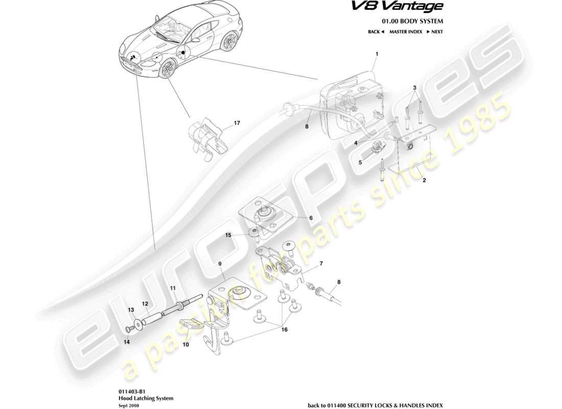 aston martin v8 vantage (2014) hood latch system part diagram