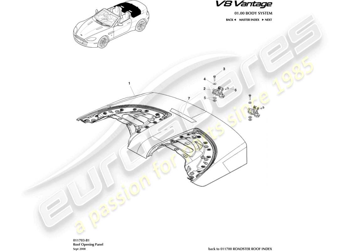 aston martin v8 vantage (2016) roof opening panel part diagram