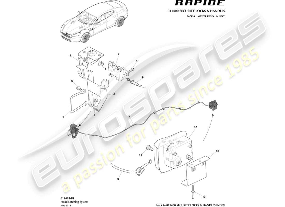 aston martin rapide (2011) hood latch system part diagram