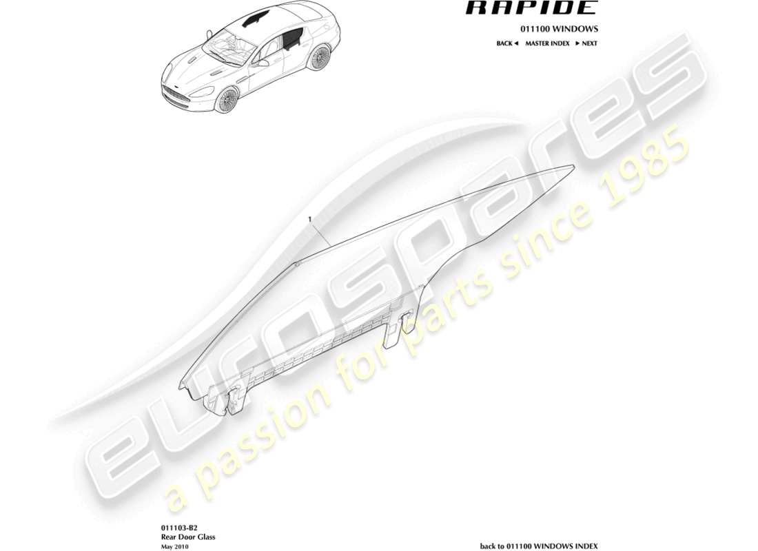 aston martin rapide (2010) rear door glass parts diagram