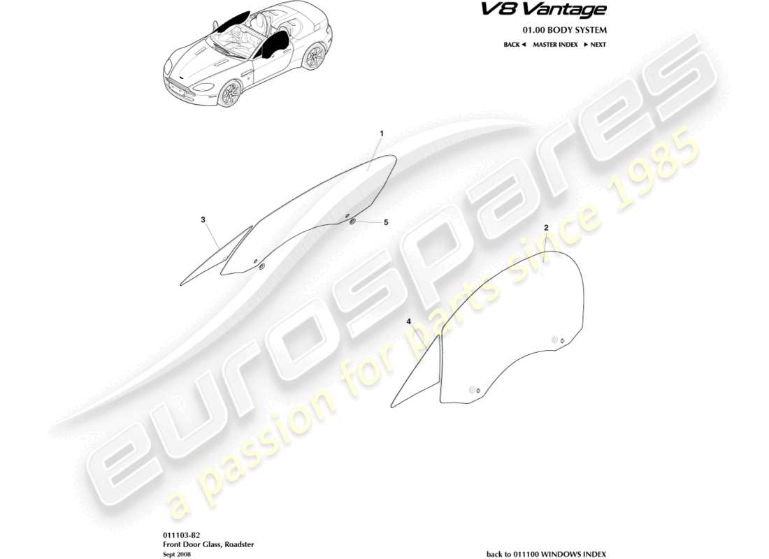 aston martin v8 vantage (2016) door glass, roadster part diagram