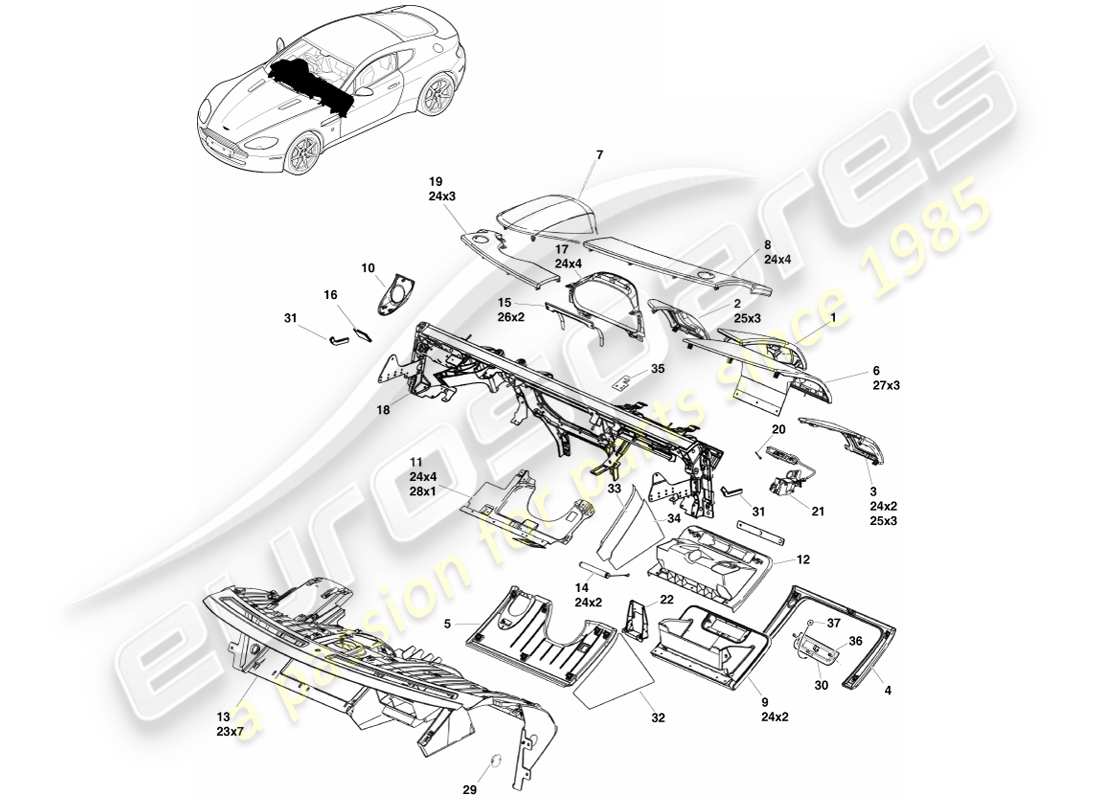 aston martin v8 vantage (2005) instrument panel, rhd part diagram