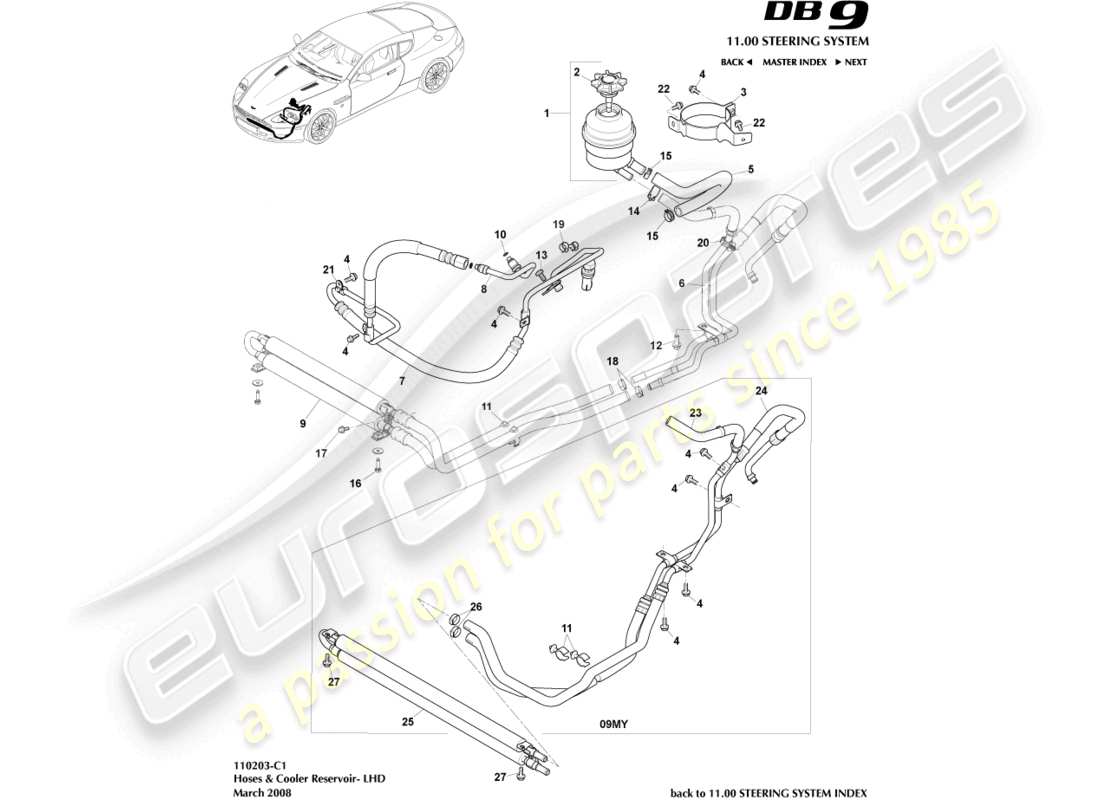 aston martin db9 (2007) cooler, hoses & reservoir, lhd part diagram