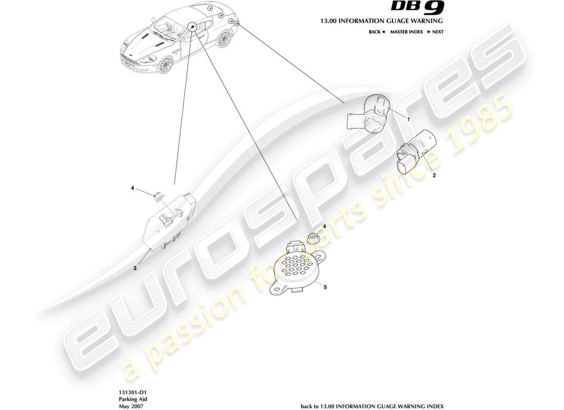 aston martin db9 (2007) parking aid sensors part diagram