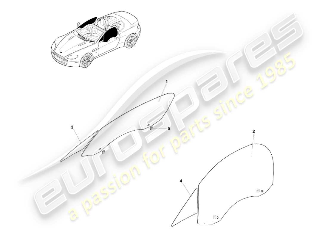 aston martin v8 vantage (2005) door glass, roadster part diagram