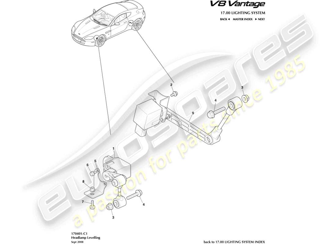 aston martin v8 vantage (2006) headlamp leveling part diagram