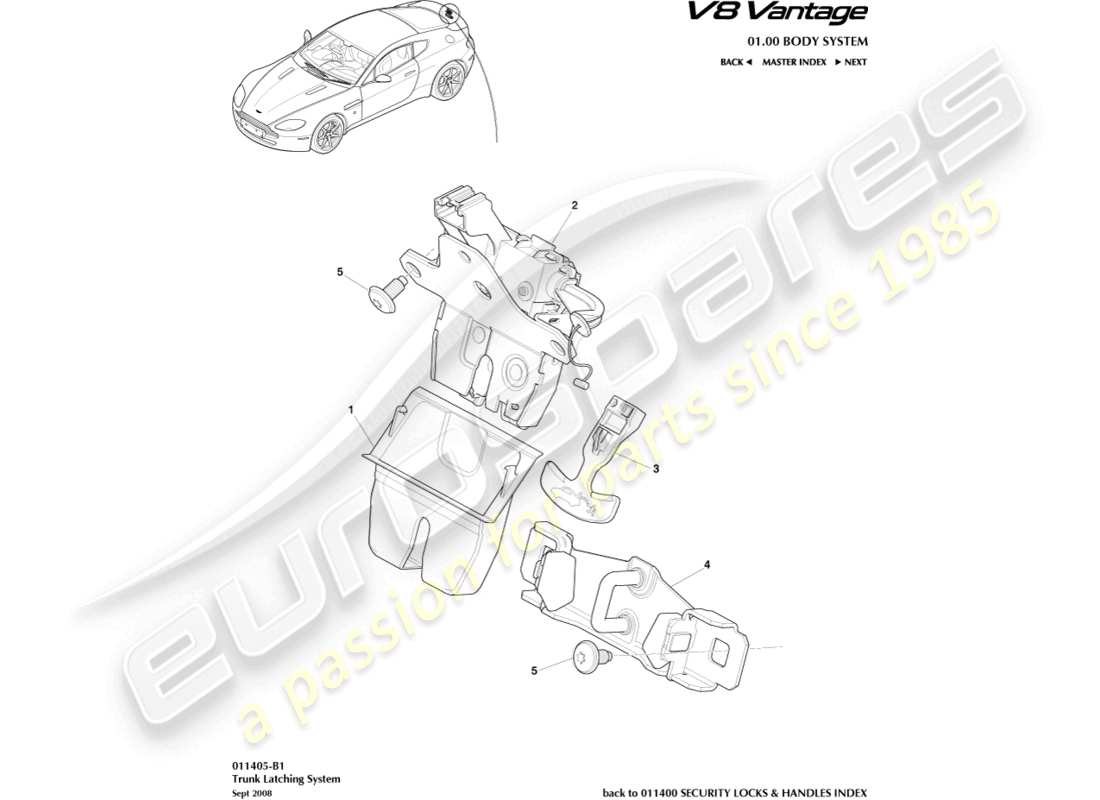 aston martin v8 vantage (2008) trunk latch system part diagram