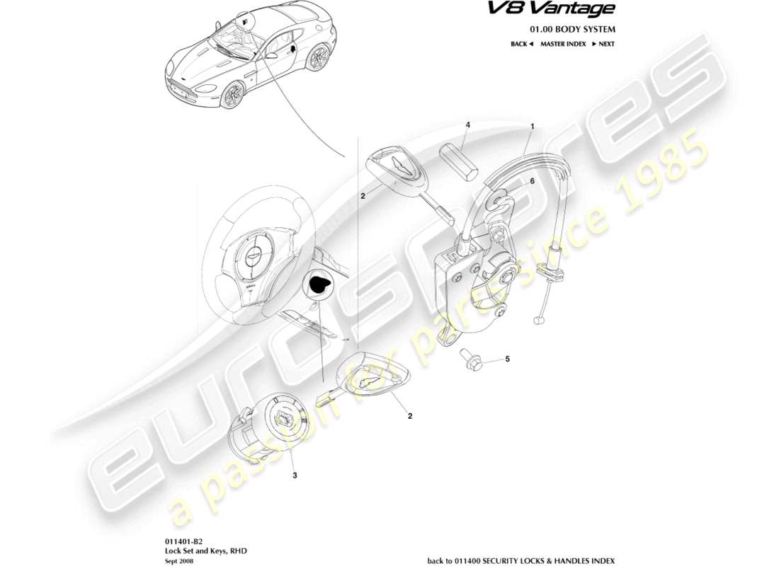 aston martin v8 vantage (2016) lock set and keys, rhd part diagram