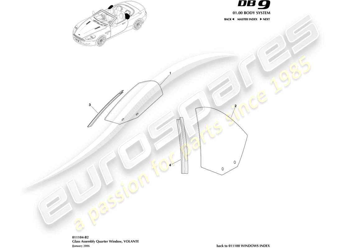 aston martin db9 (2007) rear quarter glass, volante part diagram