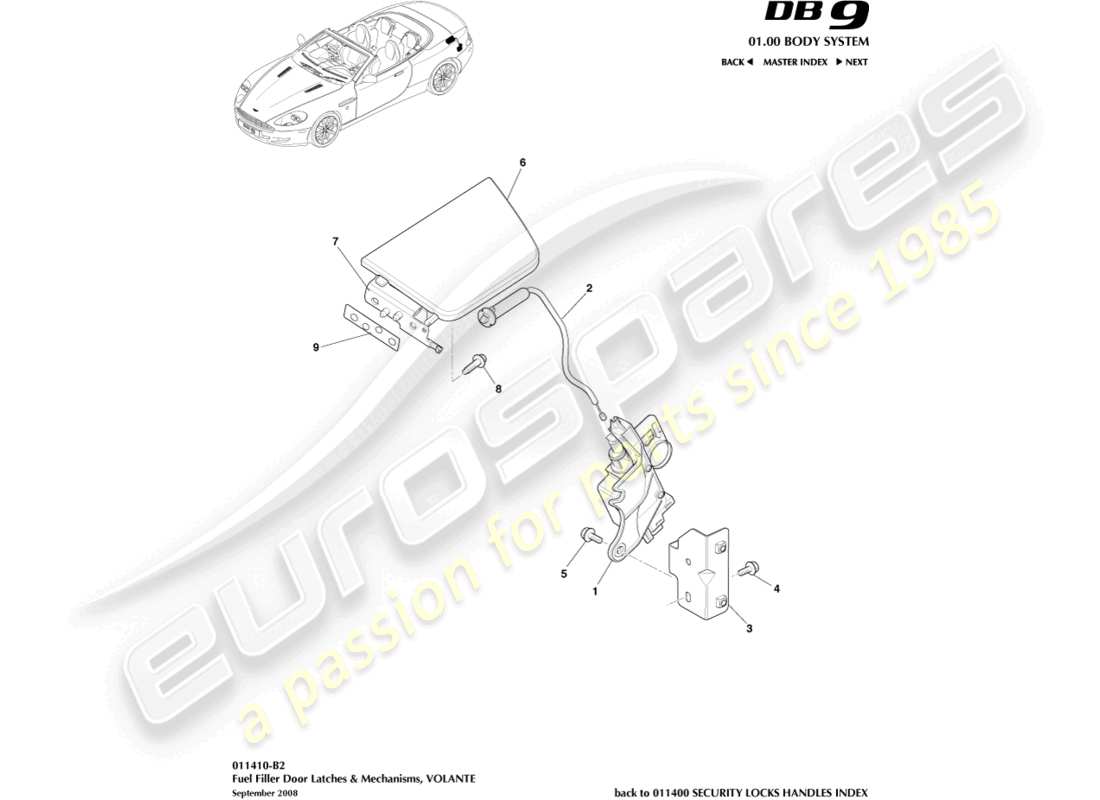 aston martin db9 (2007) fuel filler mechanism, volante parts diagram