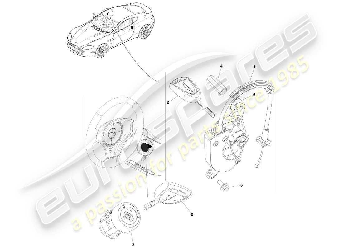 aston martin v8 vantage (2007) lock set and keys, rhd part diagram