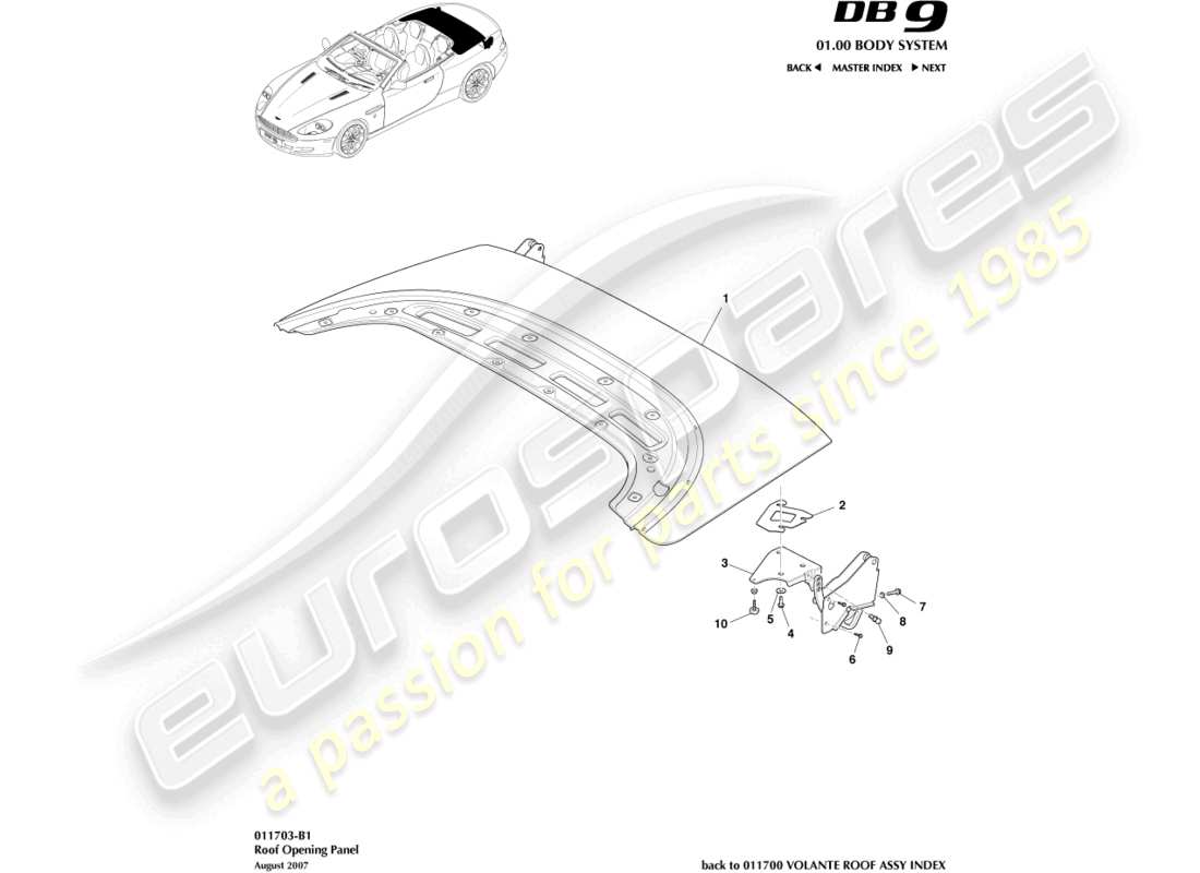 aston martin db9 (2004) roof opening panel parts diagram