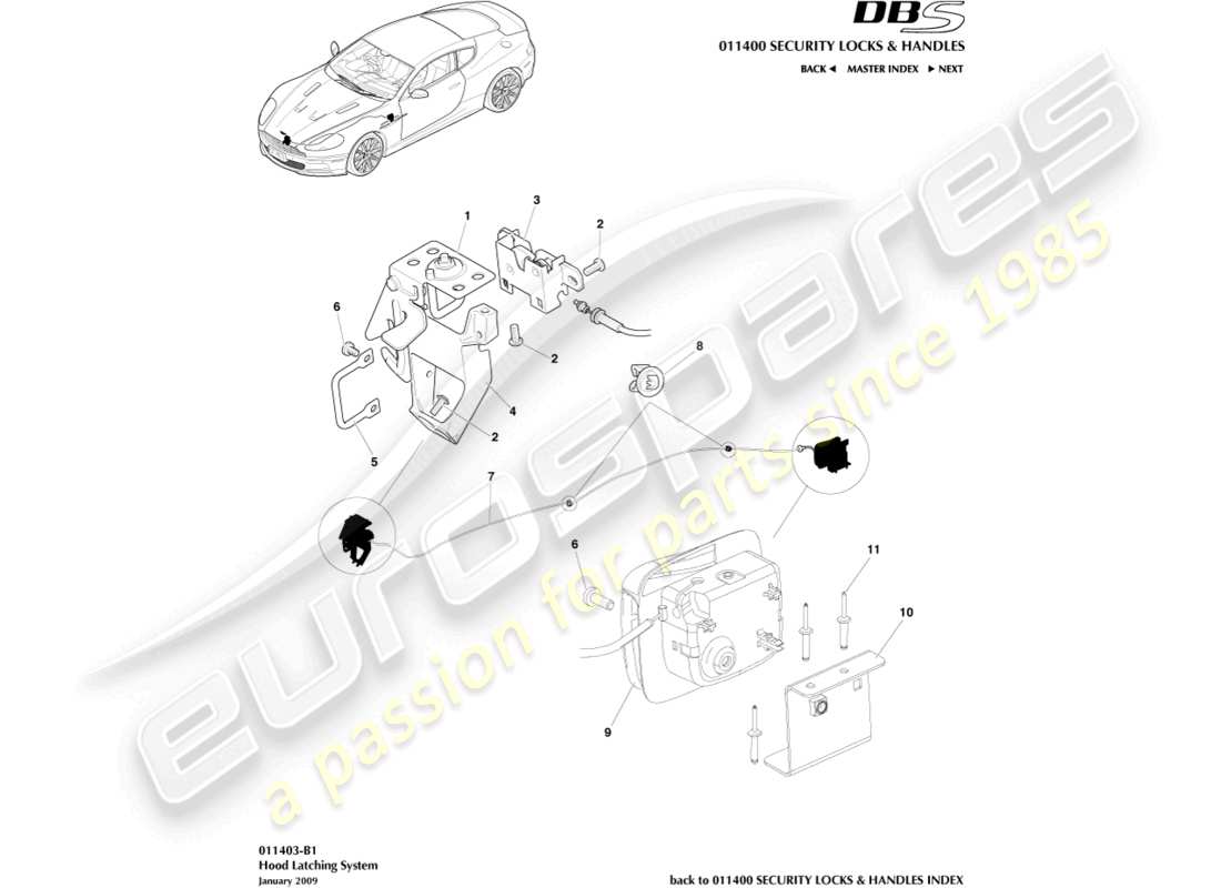 aston martin dbs (2007) hood latch system parts diagram