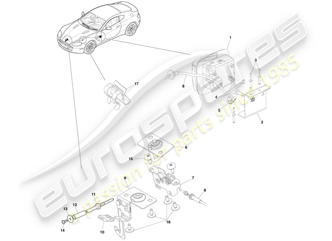 aston martin v8 vantage (2005) hood latch system part diagram